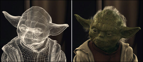 Yoda antes e depois da renderização digital.