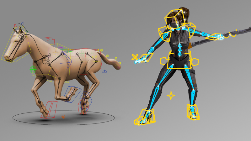 Cavalo e guerreira com rigging e controles.